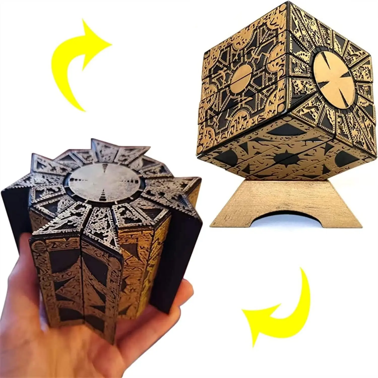 Hellraiser Lament Configuration 1:1 Complete Replica Puzzle Box - Detachable Cuboid Movie Prop with Built-in Locking System, Deformation Feature, Base, Horror Home Ornament, Festive Party Gift