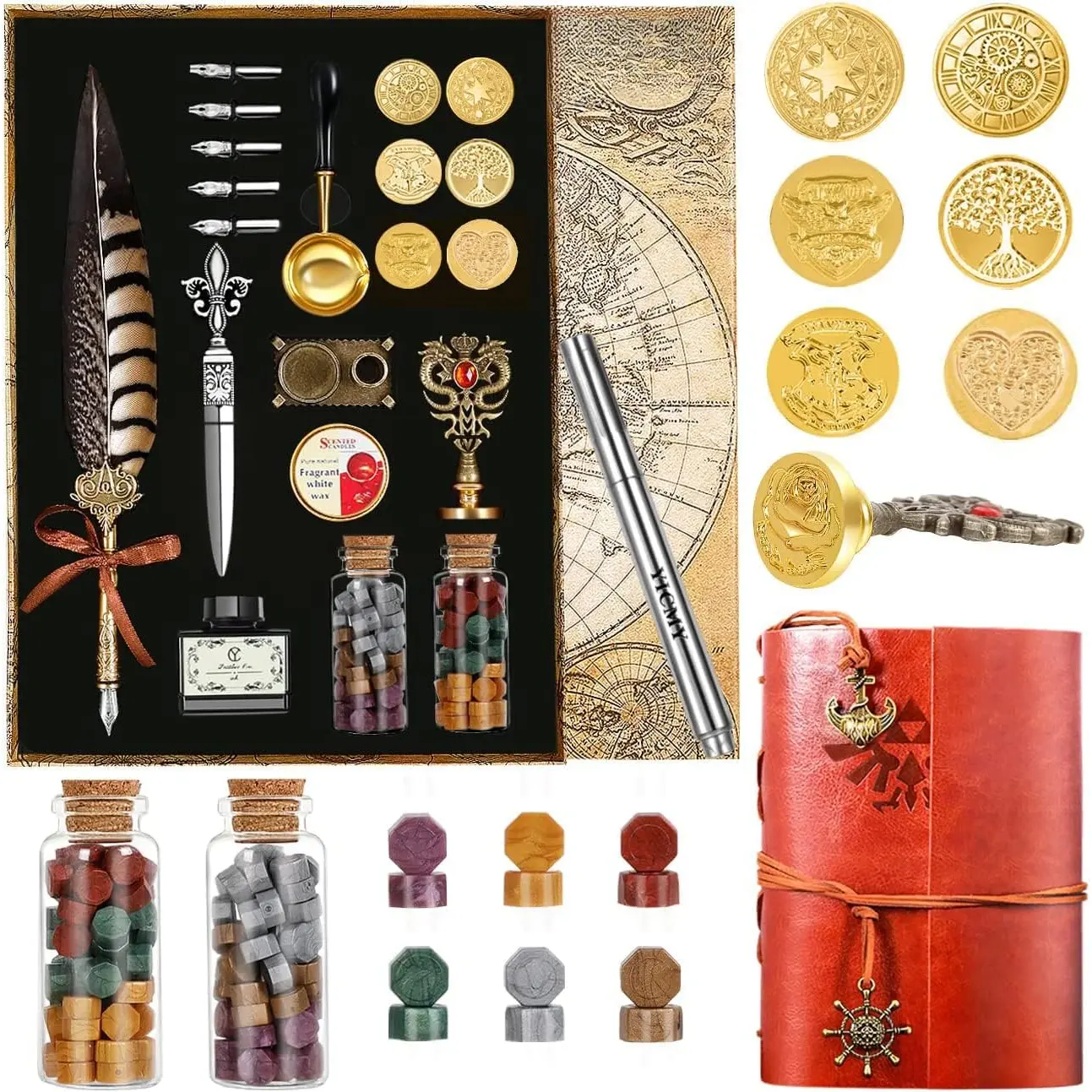 Pen Pheasant Quill Pen and Ink Set,Caligraphy Kits for Beginners,  Pen and Ink Set With Leather Journal Notebook,Wax Seal Kit,7 Wax Seal  Heads,Calligraphy Pens for