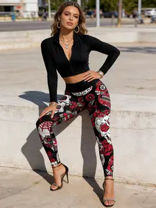 Skull Digital Print Tight Stretchy High Waist Yoga Leggings, Gym Workout Leggings, Fashion Sport Casual Adult Gym Outdoor Wear, Halloween Party Style