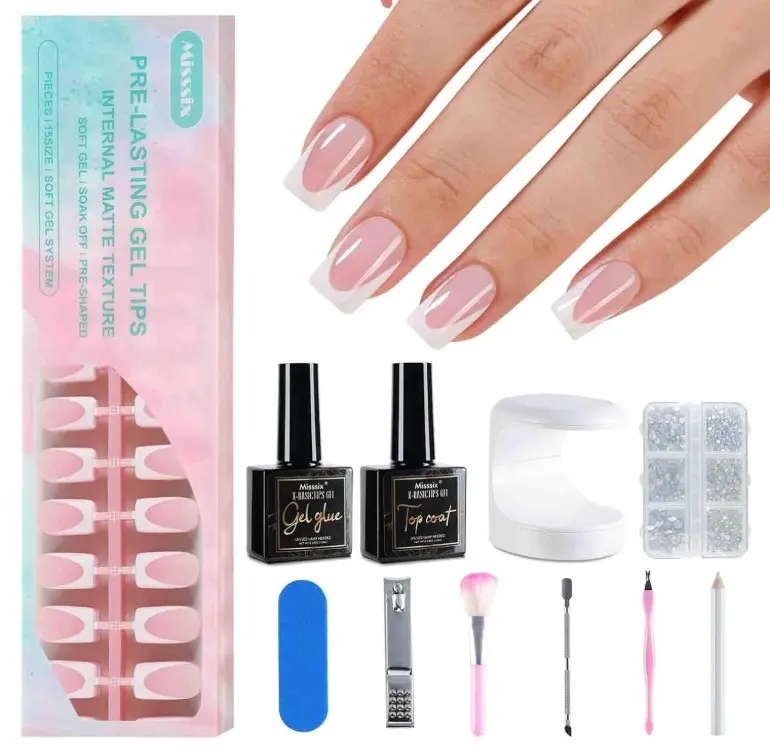 Misssix Deep French Tip Press On Nails, 160Pcs French Gel Nail Tips Short Square, Pink White Soft Gel Fake Nails, X-BASIC Tips Starter Kit for Nail Art DIY 16 Sizes