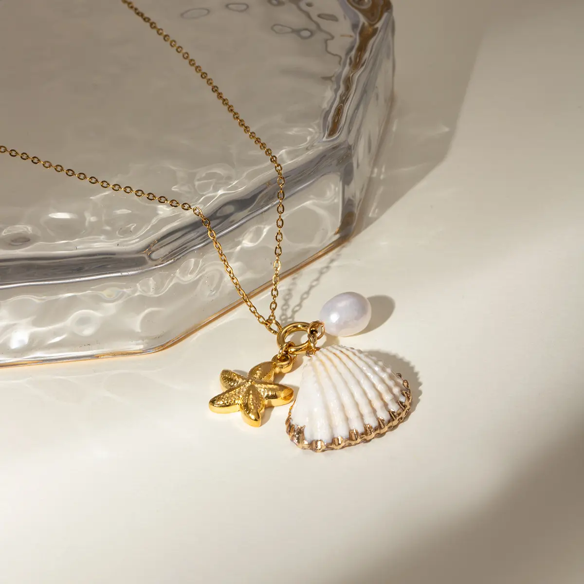 Women's Gold-Plated Long Charm Dangle Necklace - Gold Star, Decorative Shells, Starfish, Pearl Accents, Coastal Boho Girly Cute Necklace, Beach Costume Jewelry, Ideal Valentine's Day Gift, Gold Star Necklaces, Charm Dangle Necklaces