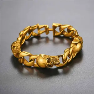 U7 15mm Chunky Chain Skull Bracelet Gothic Skull Bracelets Punk Miami Cuban Chain Skeleton Jewelry for Men Women
