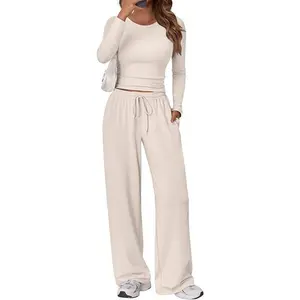 ROOSE CLOUD Lounge-Ready Two-Piece Outfit: Relaxed Long-Sleeve Crop Top & Flowy Wide-Leg Trousers