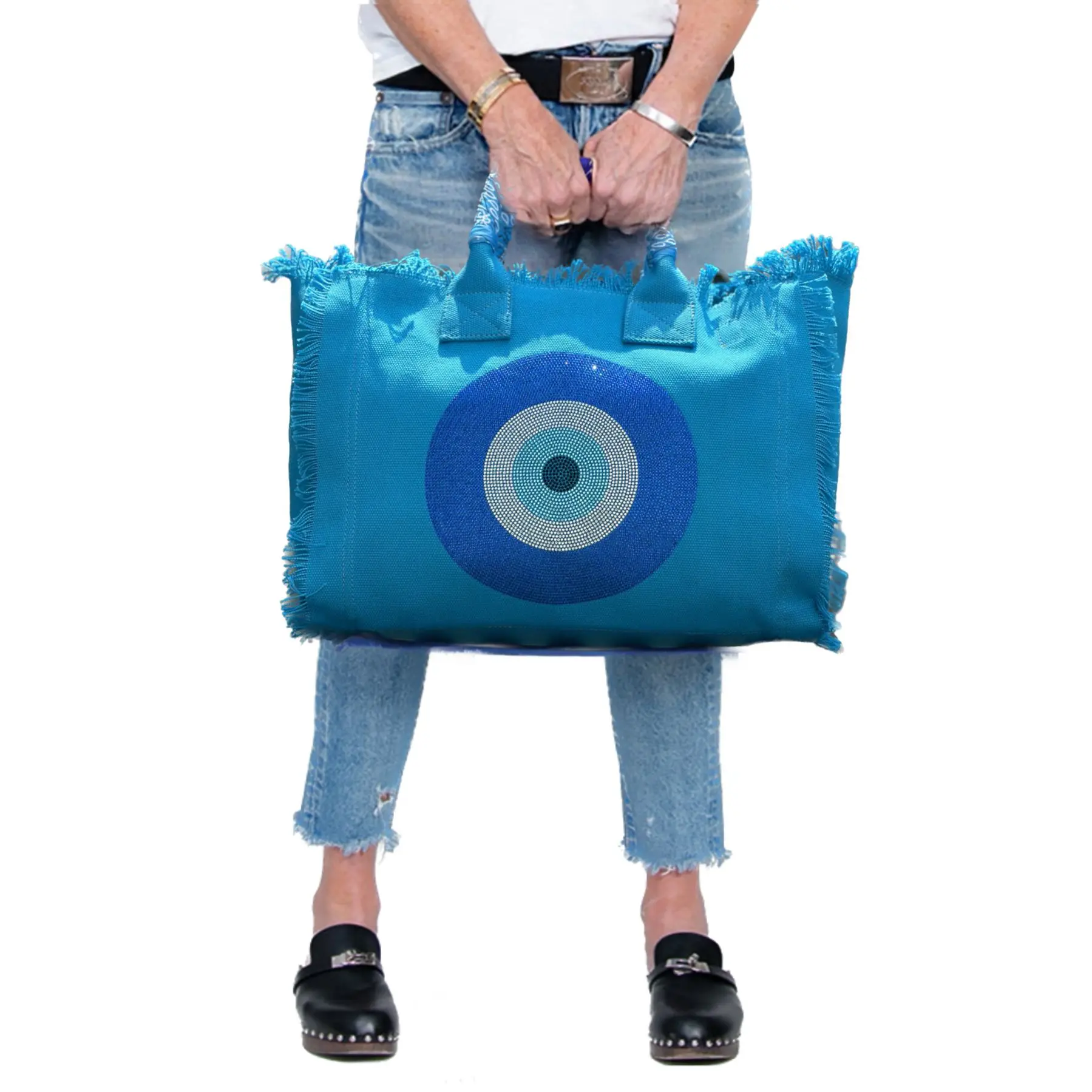 Blue Evil Eye Fringe Canvas Bag