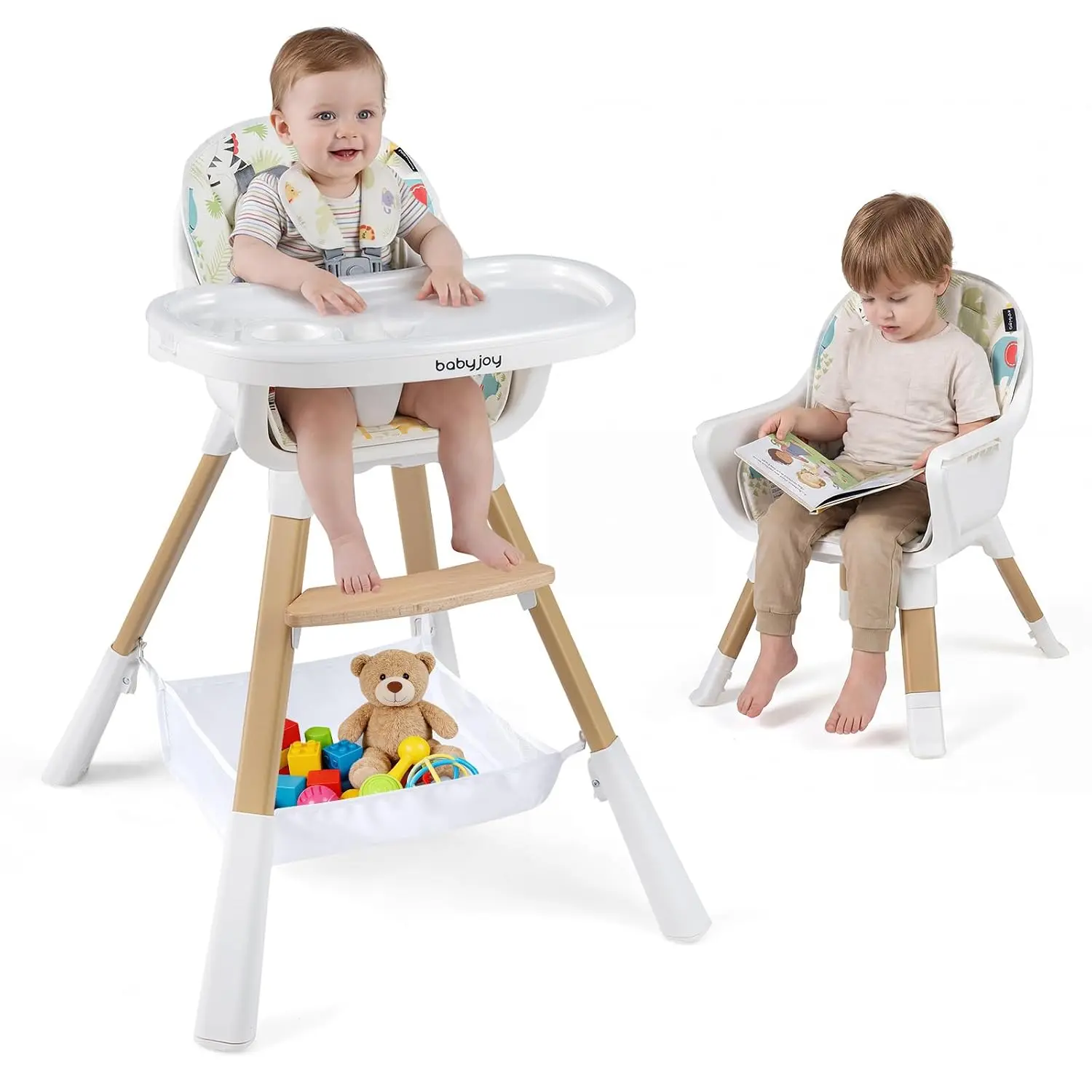 4-in-1 Convertible Highchair for Babies and Toddlers with Adjustable Legs, Double Removable Tray, Storage Basket, 5-Point Safety Harness & Waterproof PU Cushion, Easy to Clean