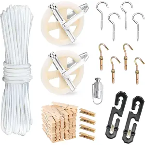 Clothesline Kit Outdoors, Clothes Line Pulley Kit, 164ft Polyester Clothes Line Rope Outdoors Heavy Duty, Clothesline Pulley Kit with S Separator Spreaders, Rope Tightener, Hook for Outdoor Clothes