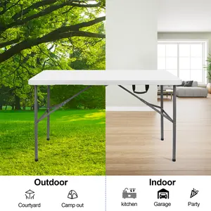 4FT FOLDING TABLE, PLASTIC FOLD IN HALF TABLE WITH LOCK AND HANDLE - WHITE