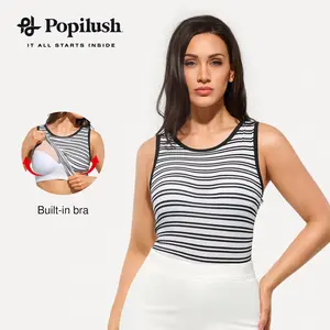 Popilush Women's Sleeveless Tank Top with Built in Bra, Burgundy Fitted Crew Neck Crop Top, Soft Stretchy Casual Workout Shirt for Summer