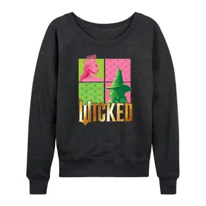 Women's Wicked Elphaba And Glinda Logo Lightweight French Terry Wide Neck Long Sleeve Graphic Shirt - Heather Charcoal - Small