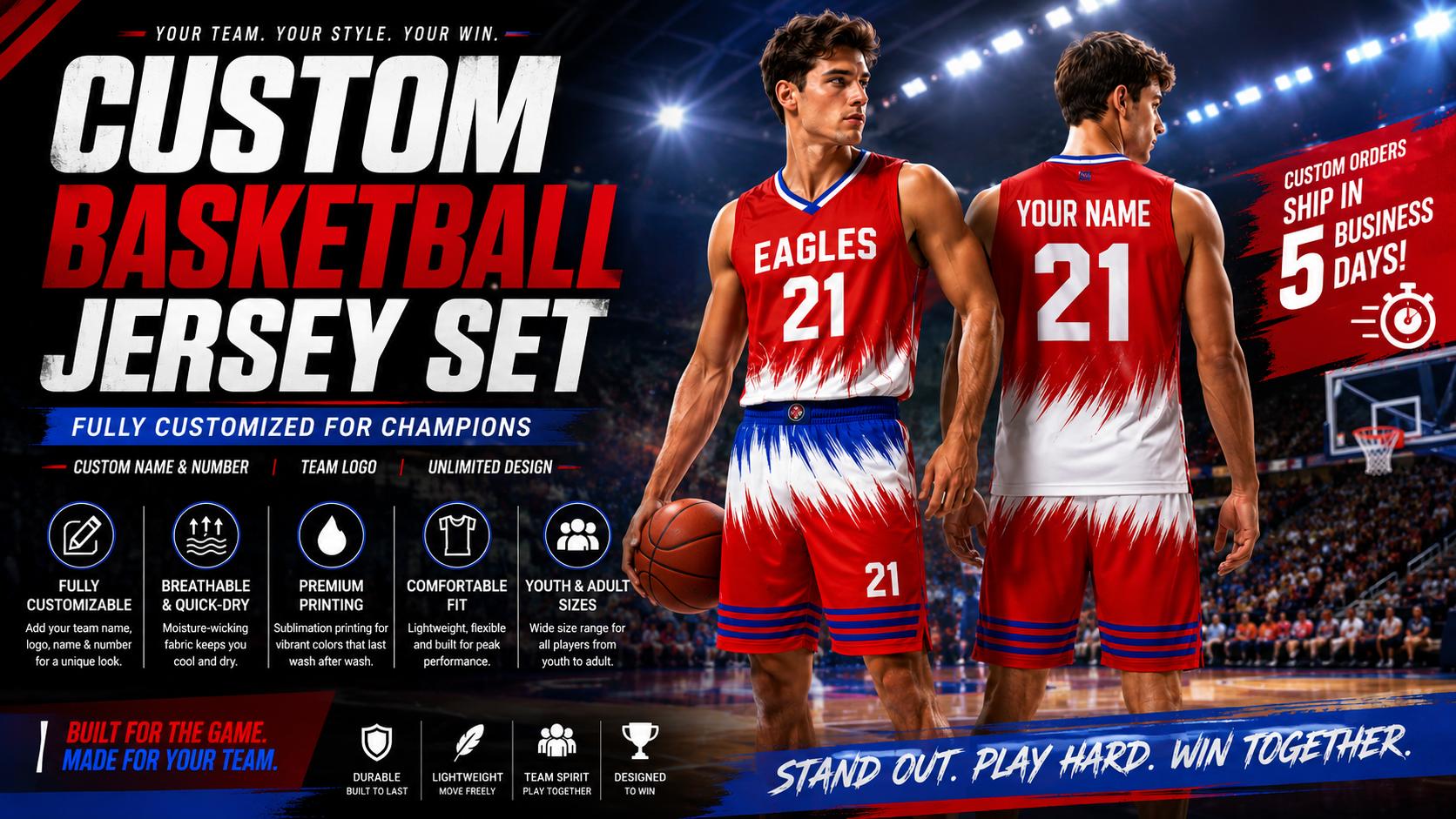 Custom Basketball Uniforms Short Sleeve Tops & Shorts Set - Quick Dry, Lightweight, Breathable, Moisture-Wick, Sublimated Print, Athletic Cut, Customizable Name/Number for Men & Kids Team Game Play, Unisex, Multi-Size