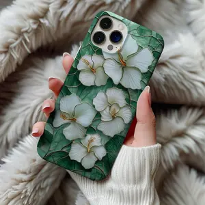 Hibiscus Flower Stained Glass Phone Case Sage Green Hawaiian Floral Wildflower Mosaic Case Gift Phone case. Case for IP 11 12 13 14 15 16 17 Pro, Plus, Promax, S21,22,23,24,25 Ultra, Tough Case, Magsafe Case