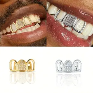 1pc Copper Teeth Grillz With Synthetic Cubic Zirconia, Hollow 3-Tooth Grill Design, Unisex Personalized Jewelry Accessory For Hip Hop Style Oral