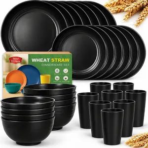 32-Piece Kitchen Plastic Wheat Straw Dinnerware Set, Service for 8, Unbreakable Modern Dish Set - Dinner Plate/Dessert Plate/Cereal Bowl/Cup, for Apartment Essentials, Outdoor Camping, Black