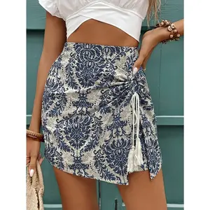 Women's Boho Blue Ethnic Print Mini Skort, High-Waisted Shorts with Elastic Waist, Fringe Front & Side Slit Design, Lightweight Fabric, Ideal for Beach Vacations & Casual Outings, Trendy Summer Bottoms