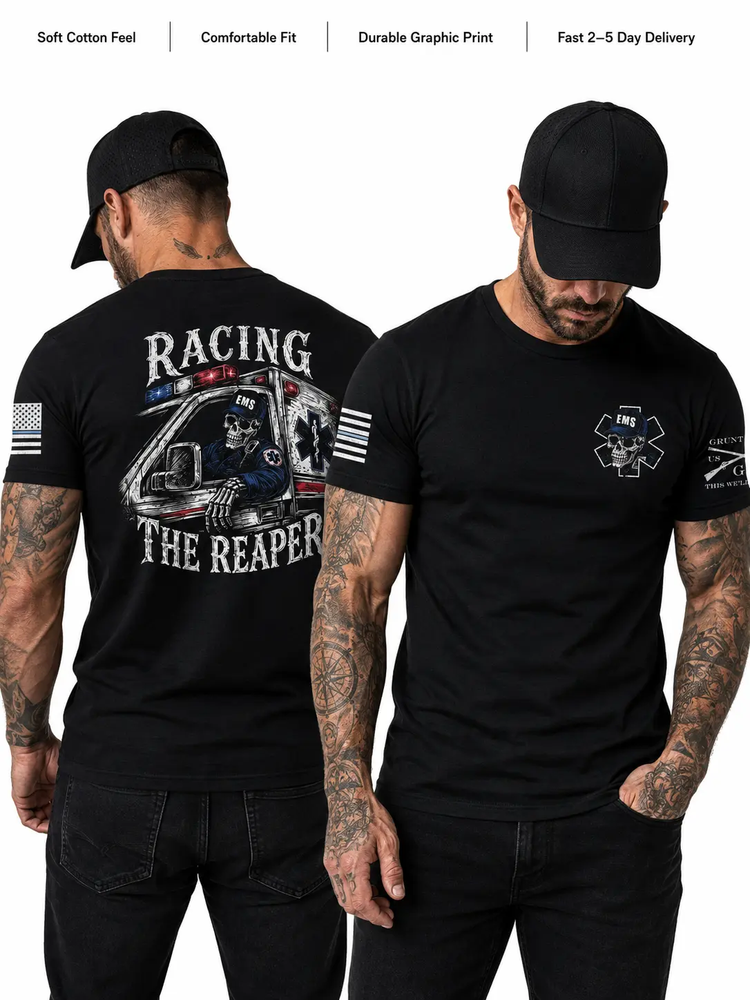 EMS Racing The Reaper Graphic T-Shirt, Skull Ambulance Front Back Print, First Responder Tee with Sleeve Graphics | Menswear & Underwear - Men's Tops - T-shirts - Men's Short-sleeve T-shirts