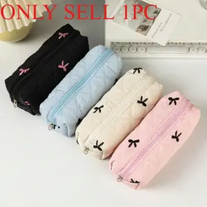 New Cute Bowknot Decor Large Capacity Student Pencil Case Ditsy Floral Pattern Desk Storage Pouch Portable Stationery Organizer Pencil Bag