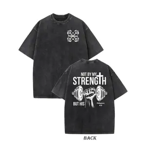 vintage Unisex heavyweight 230g pure cotton T-shirt - 'Not by my strength, but by His' double-sided printed cross and dumbbell pattern,