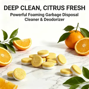 Garbage Disposal Cleaner deodorizing tablets with a fresh citrus scent; easy to use; suitable for septic systems, kitchens, and drains; eliminates odors; available in packs of 12 or 24 tablets.