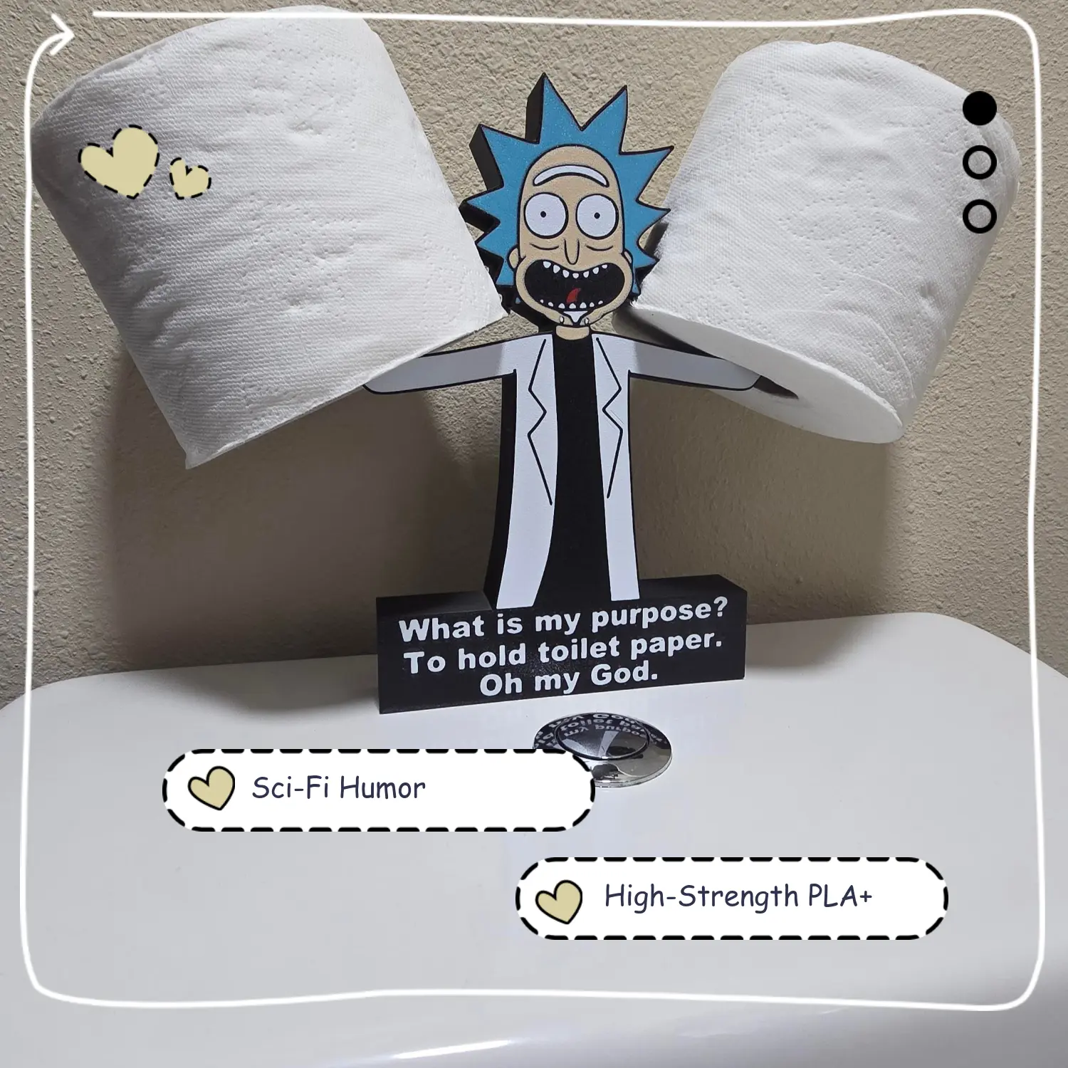 Rick & Morty Toilet Paper Holder - Matte Black Base with Rick Sculpt in Light Blue Hair - High-Strength PLA+ Material - 9.5" x 10" x 1.5" - Fits Standard Rolls - Sci-Fi Humor Bathroom Upgrade