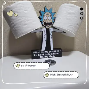 Rick & Morty Toilet Paper Holder - Matte Black Base with Rick Sculpt in Light Blue Hair - High-Strength PLA+ Material - 9.5" x 10" x 1.5" - Fits Standard Rolls - Sci-Fi Humor Bathroom Upgrade