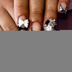 French Tip Press on Nails Short Square Fake Nails with Bow Charms, Black White Zebra Print, Small Flowers, Silver Star Rhinestones, Stick on Nails for Women, 24 Pcs