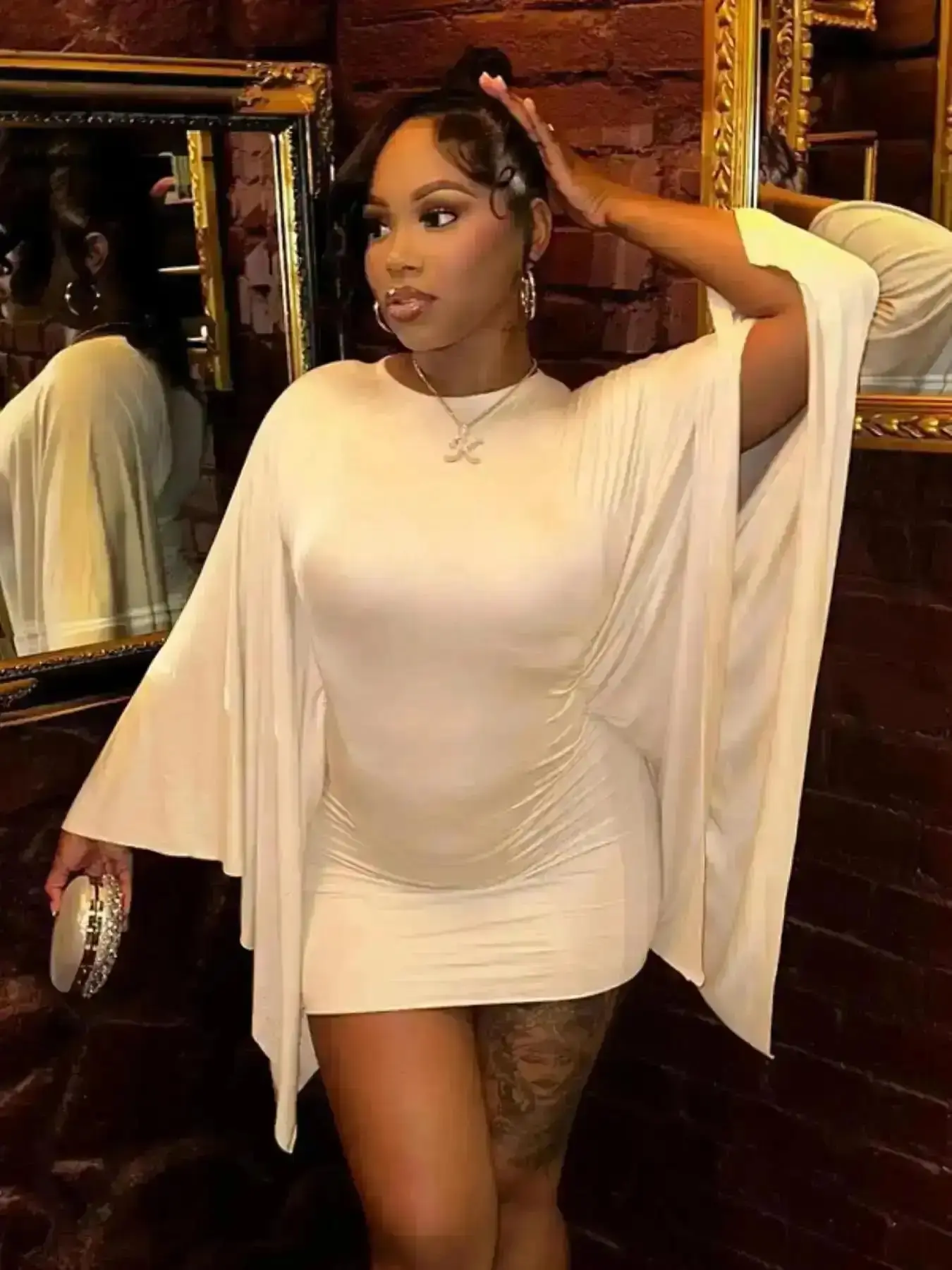Retro Women's Fashion Solid Color Round Neck Batwing Long Sleeve Fitted Dress, Comfortable Elegant Minimalist Simple Casual Style for Spring & Fall, Daily Wear, Vacation, Date, Party, Evening Dresses, Formal