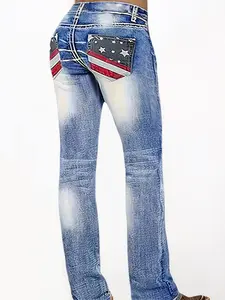 Women's American Flag Print Denim Jeans, Mid Waist Straight Leg, High Stretch, Zipper Fly, Casual All-Season Long Pants with Washed Detail