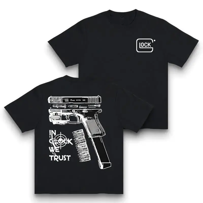 Unisex Crew Neck Graphic Tee, Fashion Designer Short Sleeve Mens Clothing for Firearm Enthusiasts (Glock Gun Culture), Drip Clothing, Casual All-Season Fitted Machine-Washable Streetwear Top (Ideal for Best Friend, Parents)