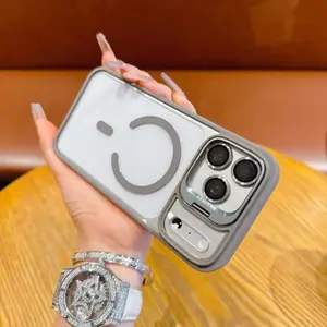Transparent Bracket & Built-in Camera Holder Smartphone Case, 2026 Slim Magnetic TPU Casing for iPhone 17ProMax/17/16/15/13/12, Military-Grade Shockproof Anti-Drop Handheld Cellphone Accessory, Rugged Durable Personalized Cover