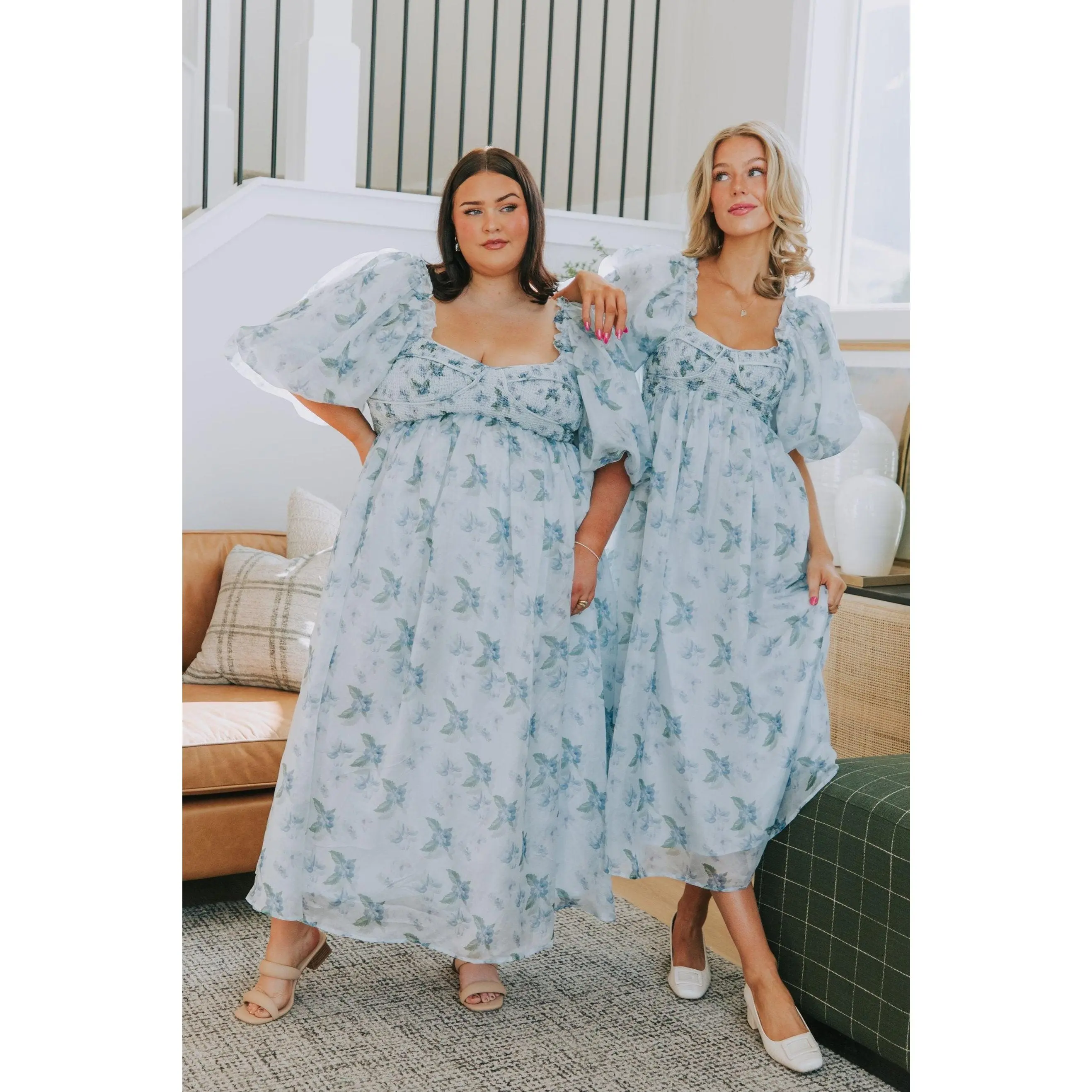 Women's Exclusive Lost in a Dream Midi Dress - Puff Ruffle Sleeves, Floral Print, Bohemian Cottagecore Style, Smocked Detail, Soft Fabric, Zipper Closure, Casual Classy Plus Size Non-Customized Dress