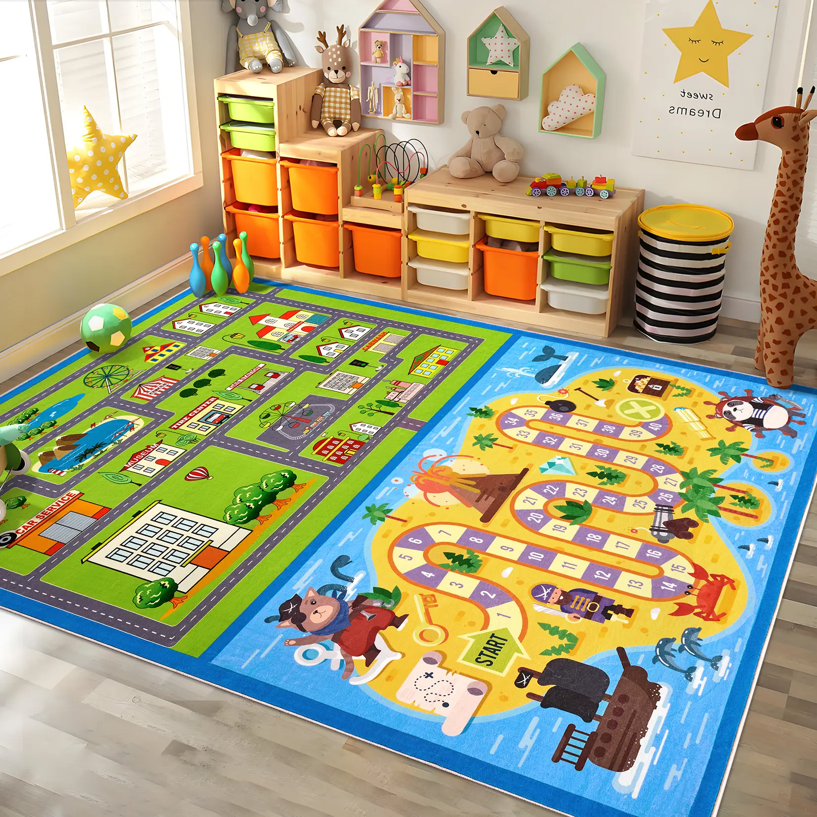 Washable Play Carpet Non-slip and Stain Resistant Playroom Carpet Educational Games, Forest Animals, City Map Print Carpet for Kindergarten Bedroom
