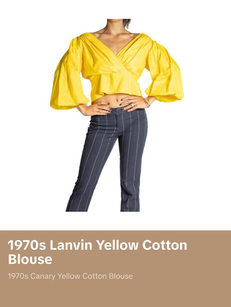 1970S LANVIN Canary Yellow Crisp Cotton Blouse With Full Bare Shoulder Sleeves