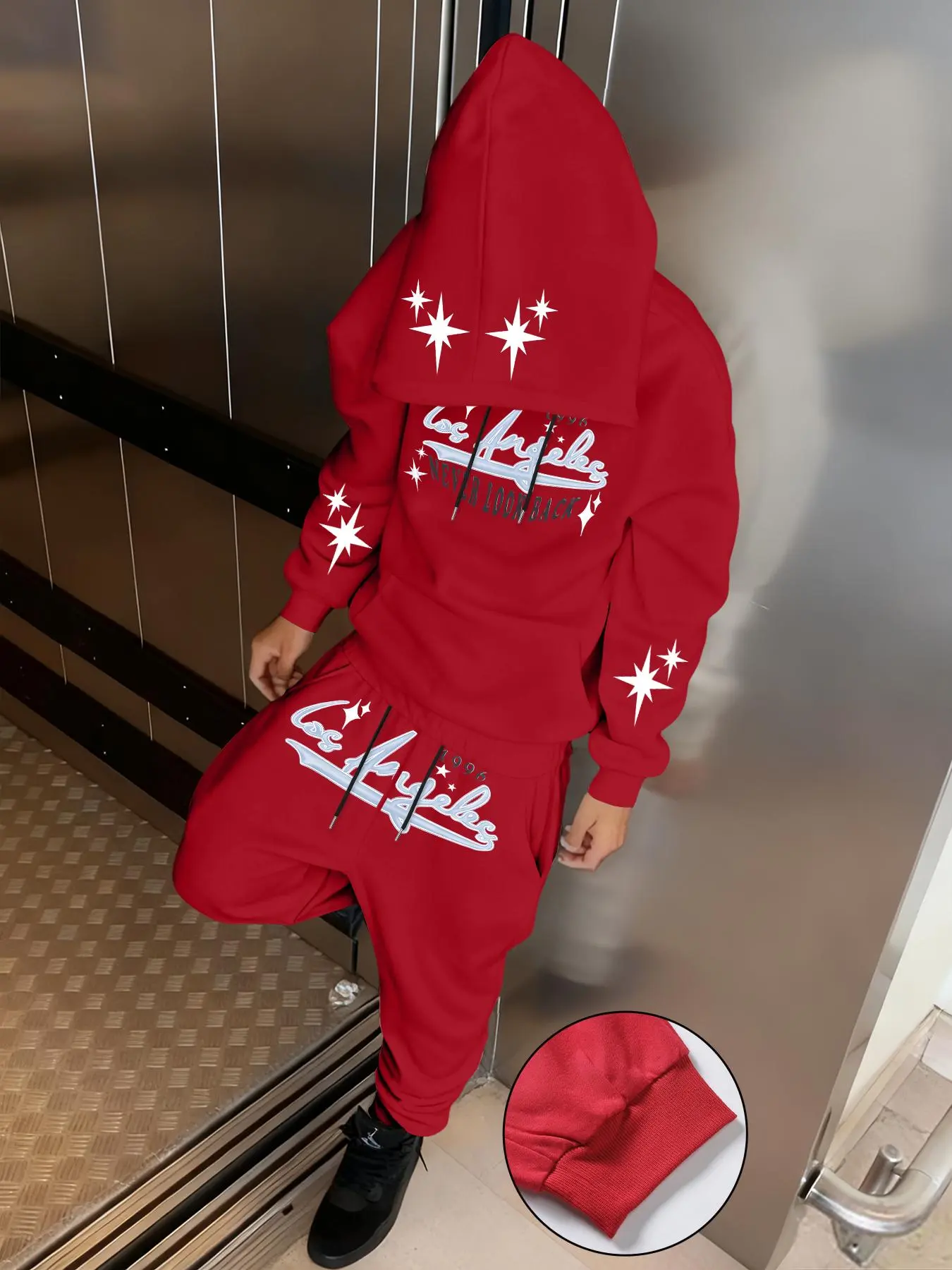 Men's Spring Autumn Starburst Print Hoodie Two Piece Set, Casual Streetwear, Daily Wear, Party, Complete Trendy Look