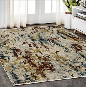 360 Stand 5x8 ft. Power-Loomed Polyester Fiber Rectangle Area Rug - Neutral Tones, Stain-Proof, Modern Abstract Print, Distressed Fringe, Beige, Rust, Light Blue, Abstract Area Rugs, Modern Indoor Rug