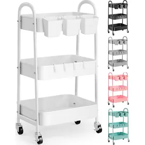 3 Tier Heavy Duty White Metal Rolling Cart with Lockable Wheels, Three Tier Roller Book Snack Cart, Utility Storage Organizer Carts for Kitchen, Bathroom, Garage,  Diaper, Craft, Art, Teacher