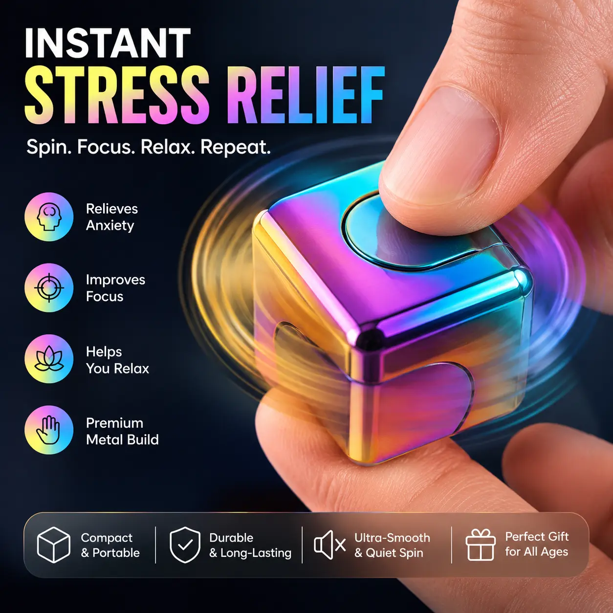 [Fall Deals]  Yaskro Metal Fidget Spinner Cube - Unisex Stress Relief Tool, Decompression Cube, Calming Fidget Set, Anxiety Aid for Teens, Adults, Desk Office Gadget, Small Sensory Gift
