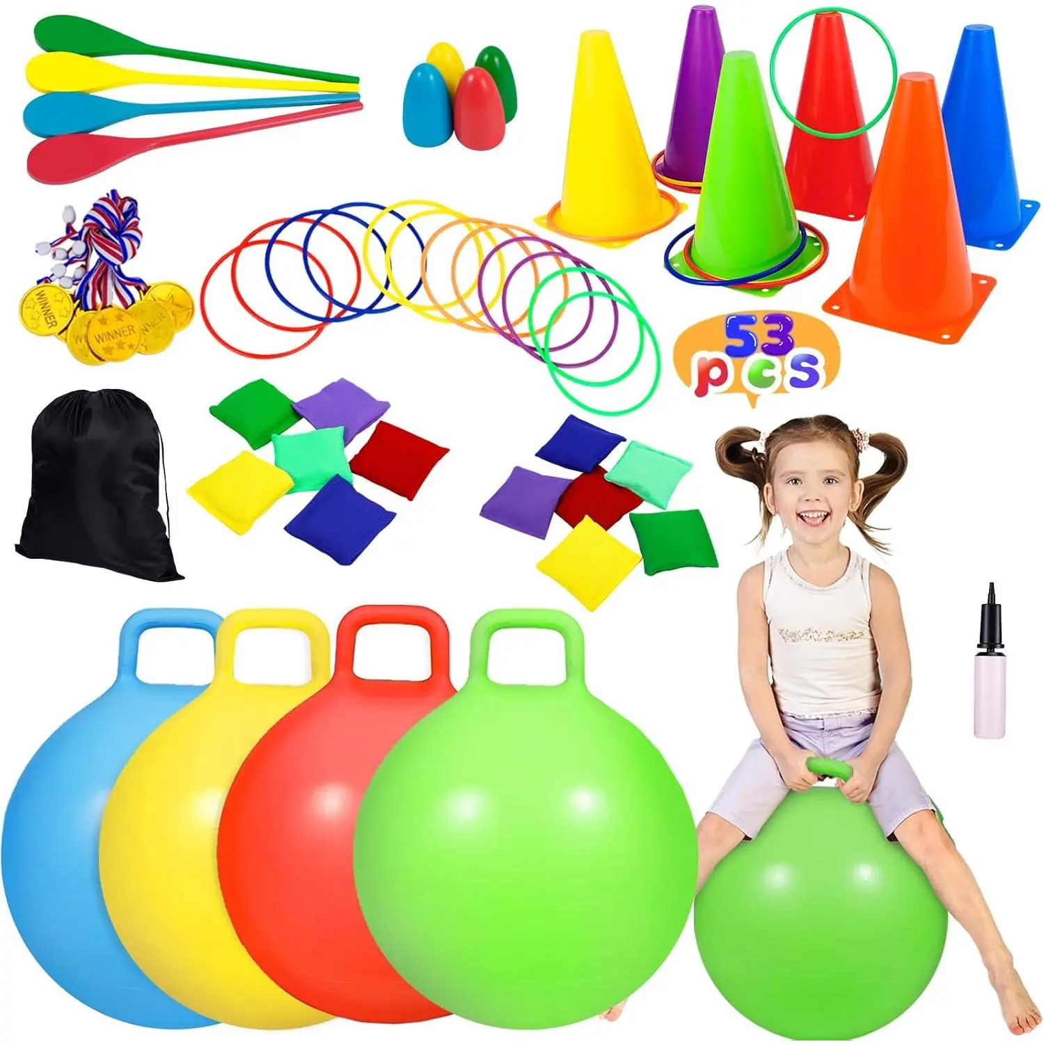 53PCS Carnival Outdoor Games Combo Set, Hopper Balls for Kids, Ring Toss, Bean Bags, Easter Games Egg Spoon Relay Race, Outside Yard Backyard Field Day Birthday Party Family Reunion Game