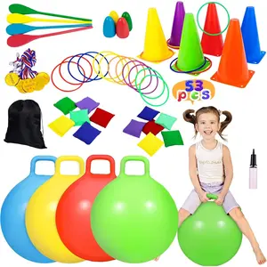 53PCS Carnival Outdoor Games Combo Set, Hopper Balls for Kids, Ring Toss, Bean Bags, Easter Games Egg Spoon Relay Race, Outside Yard Backyard Field Day Birthday Party Family Reunion Game
