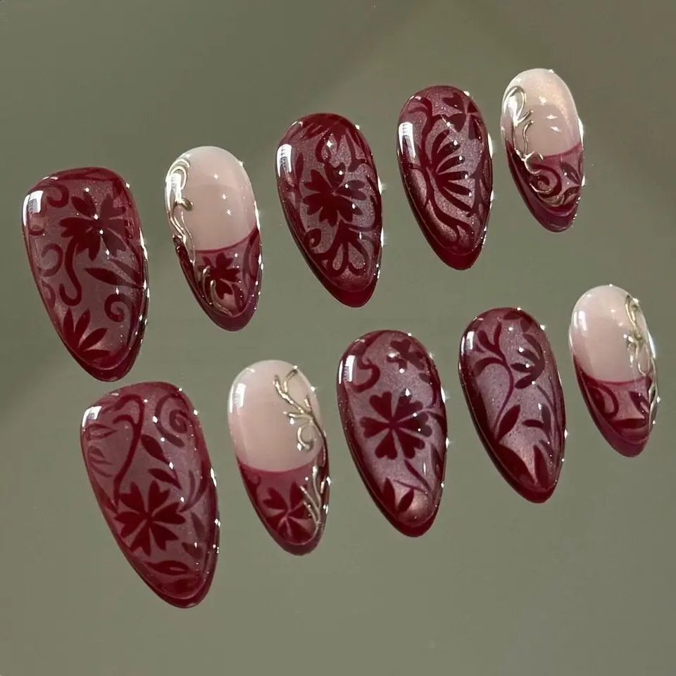 Dark Red Cat Eye Press-On Nails, Gothic Floral Fake Nails, Velvet Rose Filigree Reusable Manicure