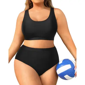 Daci Plus Size Two Piece High Waisted Bikini Set Sport Scoop Neck Swimsuit Full Coverage Bathing Suit