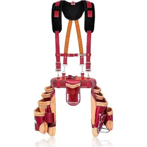 FUERI 16 Pocket Leather Tool Belt with Suspenders,Comes with Padded Belt, Big Pouches, Hammer Holder,Suspender loops and Leather Suspender, Ideal for Construction Workers, Carpenters and Electrician.