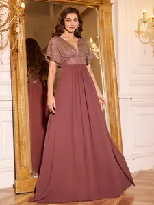 Elegant Women's V-Neck Sequined Batwing Sleeve Chiffon Maxi Dress, Formal Wear, Fitted Waist-Tapered Draped A-Line Formal Evening Party Gown, Long Ballgown Style