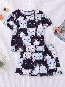 Cute and Cartoon Cat Print Short Sleeve and Shorts Set, Summer Comfortable Relaxed Round Neck Cartoon Pattern Pajamas for Kids, Versatile Home and Party, Pajama Outfit