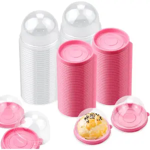 100 Set 2.75x2.75x2 inch Mini Cupcake Boxes Clear Plastic Muffin Pod Dome Single Container Box Wedding Birthday Gifts Supplies for Cheese Pastry Dessert Mooncake (round, pink)