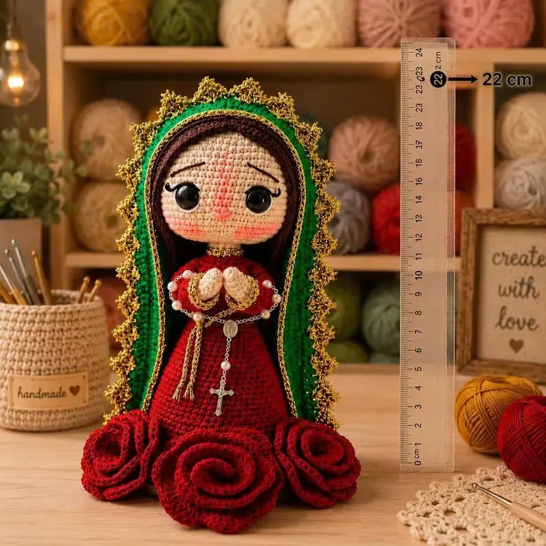 Handmade Crochet Our Lady of Guadalupe Doll, Catholic Religious Gift, Virgin Mary Inspired Home Decor with Rosary