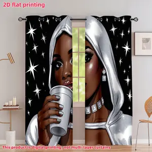 2D Flat 2Pcs African American Woman Art Print Curtains, Black Girl Magic Window Drapes for Bedroom Living Room, Eyelet Top Semi-Sheer Panel, Decorative Home Decor, Privacy Protection, Enhancer.