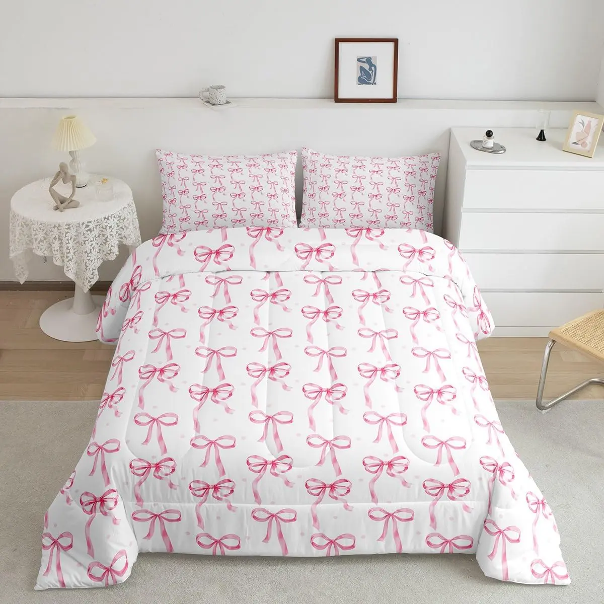 Feelyou Microfibre Soft Breathable Modern Comforter Set - 3D Digital Print Pink Bowknot Bedding, Twin/Full/Queen Sizes, Dorm Room Plush Bedding Set, Machine Washable, Cozy Setup for Teens, Modern Bedroom Decor, 3D Design
