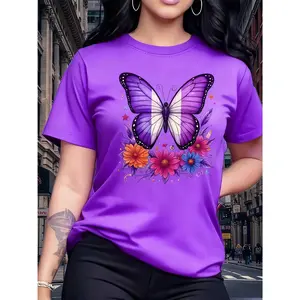 Women's 100% Cotton Smooth Fabric Short Sleeve T-Shirt - Basic Fit, Printed Vibrant Purple Butterfly & Floral Graphic, Nature-Themed Top for Casual Daily Wear & Stylish Outings