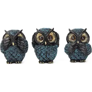 Owl figurine and sculptures for shelf decor accents,3 wise Owl statue for living room bedroom decoration,Retro animal decor,boho gift for women bird lover,see no evil hear no evil speak no evil
