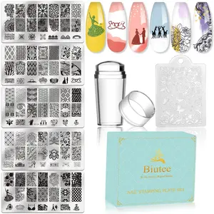 Biutee 5counts Nail Stamping Plates with Nail Stamper Scraper Gift Box Nail Stamping Kit Lace Flower Pattern Nail Stamp Plate Nail Art Stamp Stamping Template Stamper Plate for French Tip Nail Design DIY nailbits